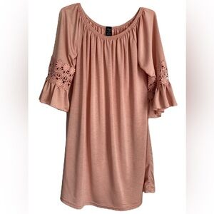 Win Win Ruffle Bell Crochet Sleeves Off the Shoulder Tunic, Sz: L - XL